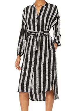 Button Black White Long Sleeve Hi-Low Belted Tunic Dress Sz Med  #357